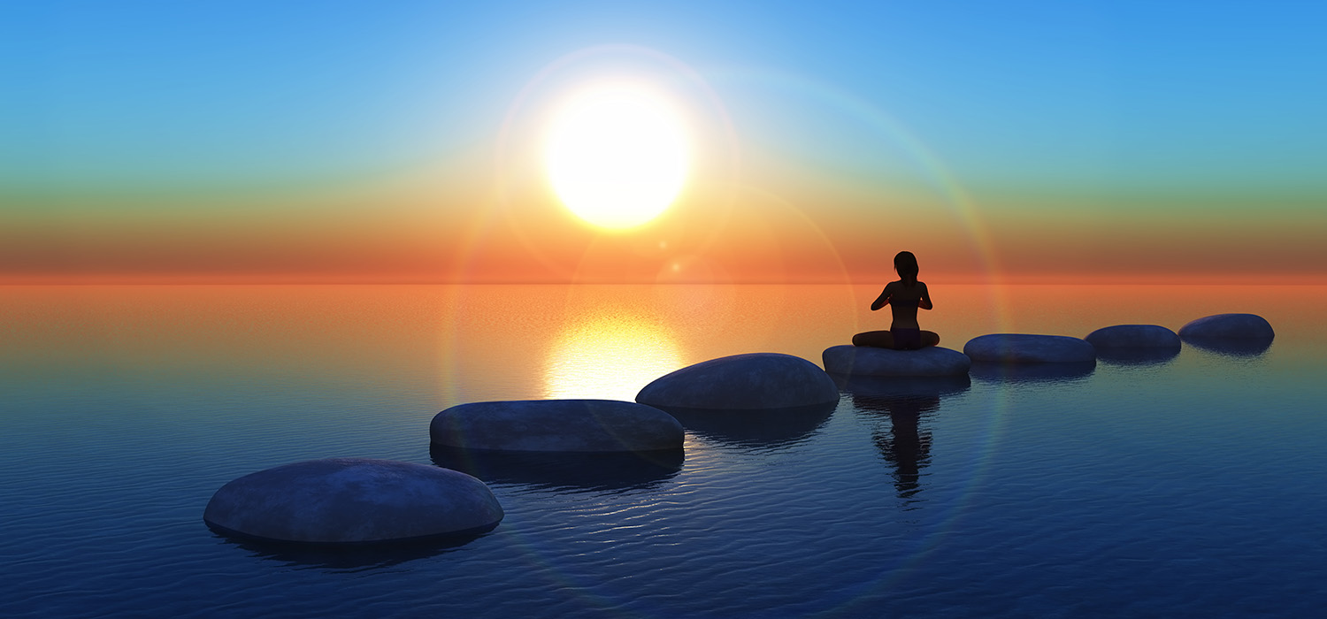 3D render of a female in a yoga pose on stepping stones in the ocean at sunset